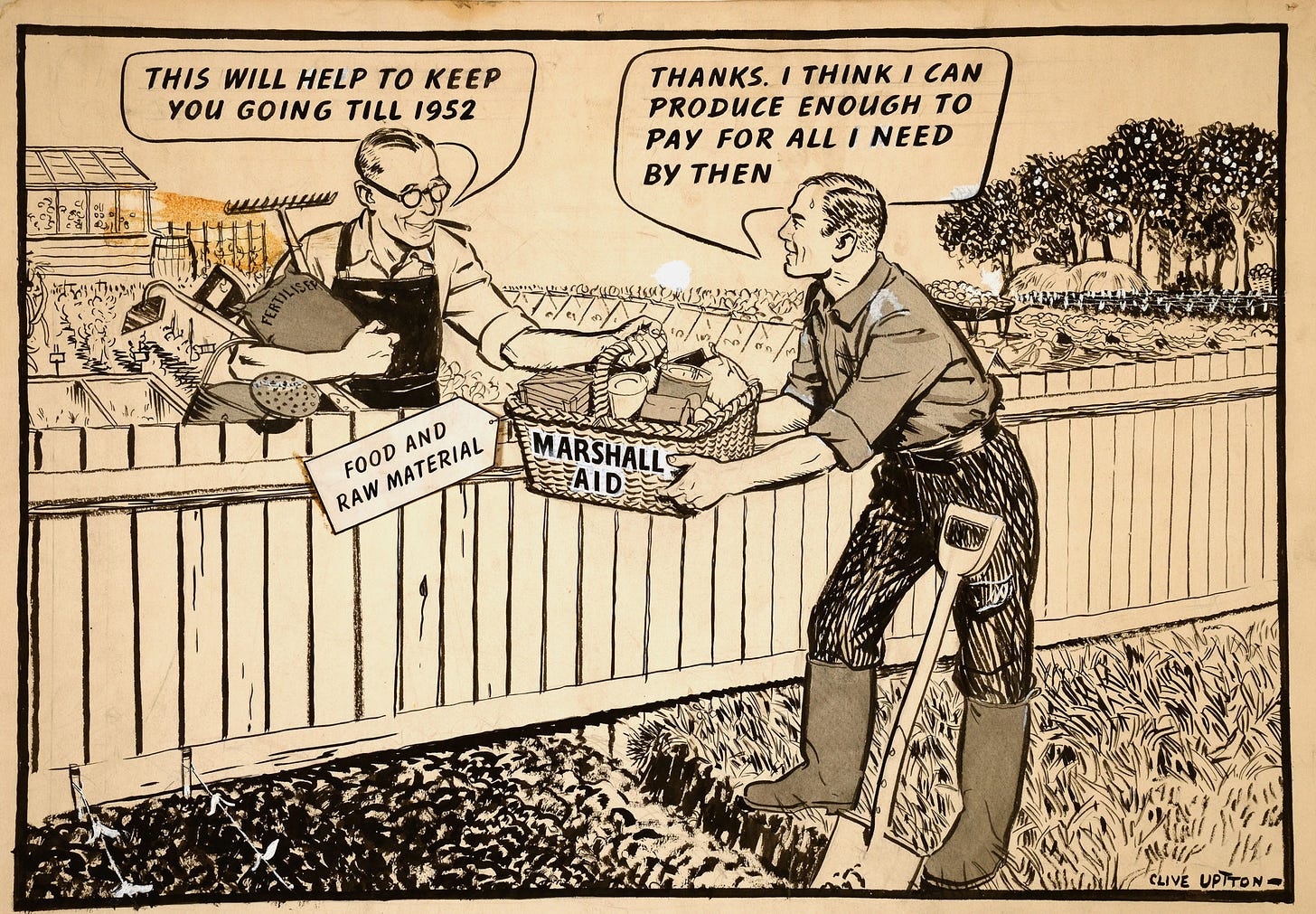 Illustration in which a man hands his neighbour a basket labelled ‘Marshall Aid’ over the fence separating their backyards.