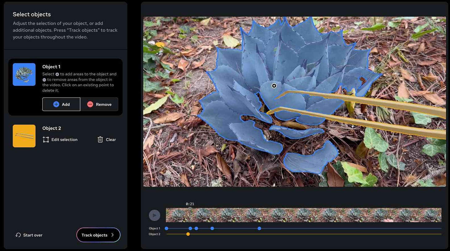 A video editing interface focused on object tracking. The main part of the screen displays a close-up photograph of a blue-gray succulent plant growing among dry leaves and forest floor debris. The plant is outlined in blue, indicating it has been selected as "Object 1" for tracking. On the left side of the interface, there are controls for selecting and editing objects. Two objects are listed: Object 1 (the succulent plant) and Object 2 (likely the yellow stem visible in the image). At the bottom of the screen is a video timeline showing thumbnail frames, with blue and yellow lines representing the tracked paths of Objects 1 and 2 respectively. The interface includes options to add or remove areas from the selected object, start over, and "Track objects" to follow the selected items throughout the video.