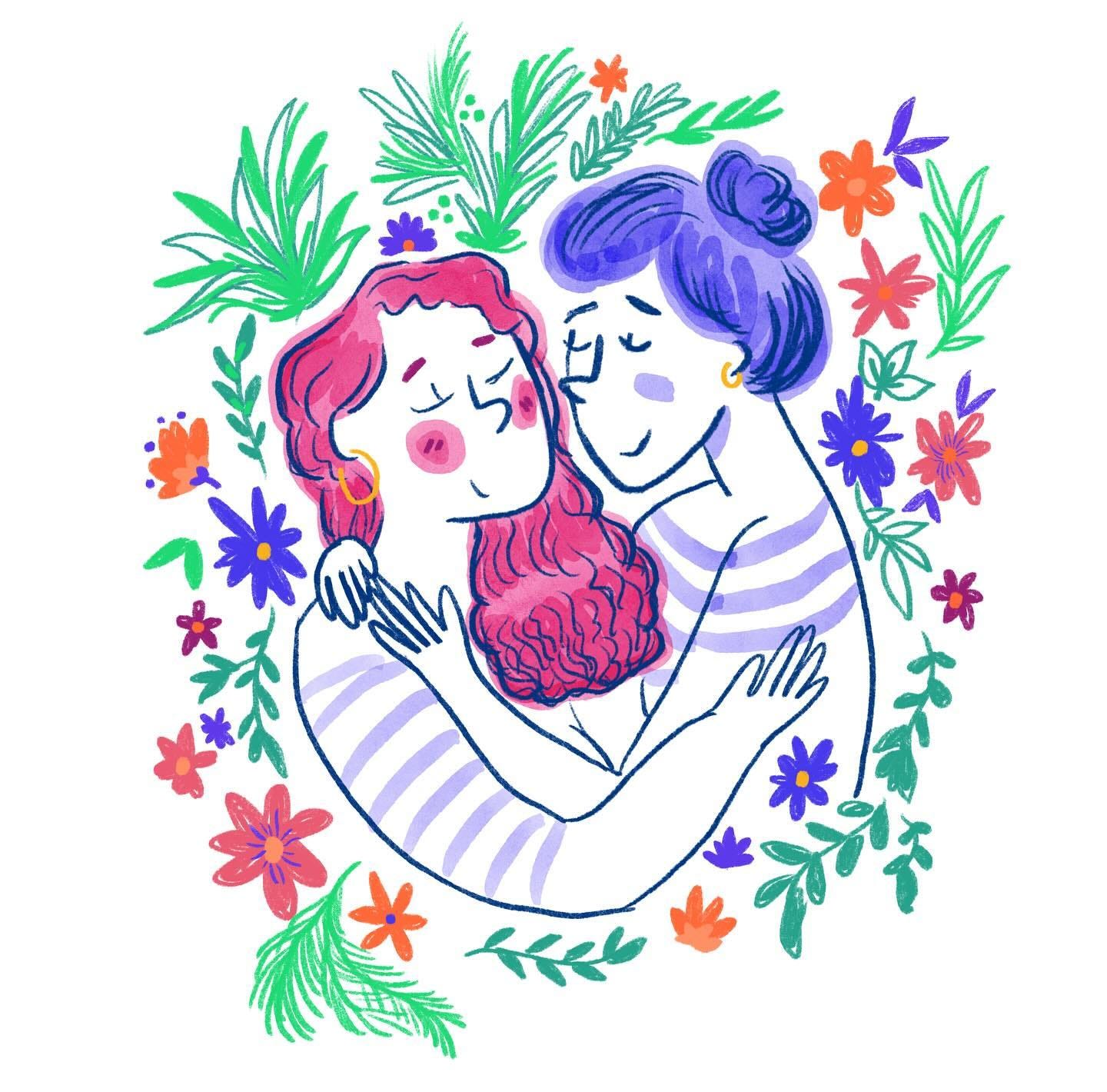 Illustration de deux femmes s'enlaçant, amoureuses, entourées de végétation et fleurs.