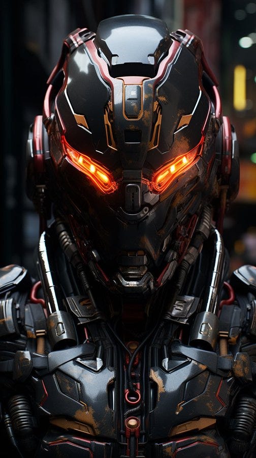 highly detailed image that fuses cyberpunk aesthetics with futuristic elements. The subject should be a character with intricate, glowing neon designs etched into their suit, reminiscent of advanced circuitry. The character's mask or helmet should have bright, neon lights emanating from the eyes or visor, casting dramatic shadows and lights on their features, unreal engine, nikon d850, 3d render --ar 9:16 --stylize 300