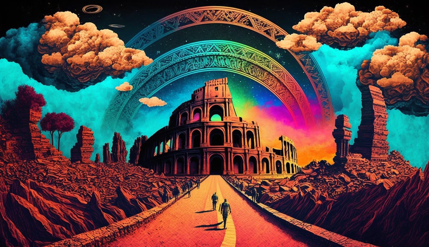 Midjourney prompt: all roads lead to rome dmt art style