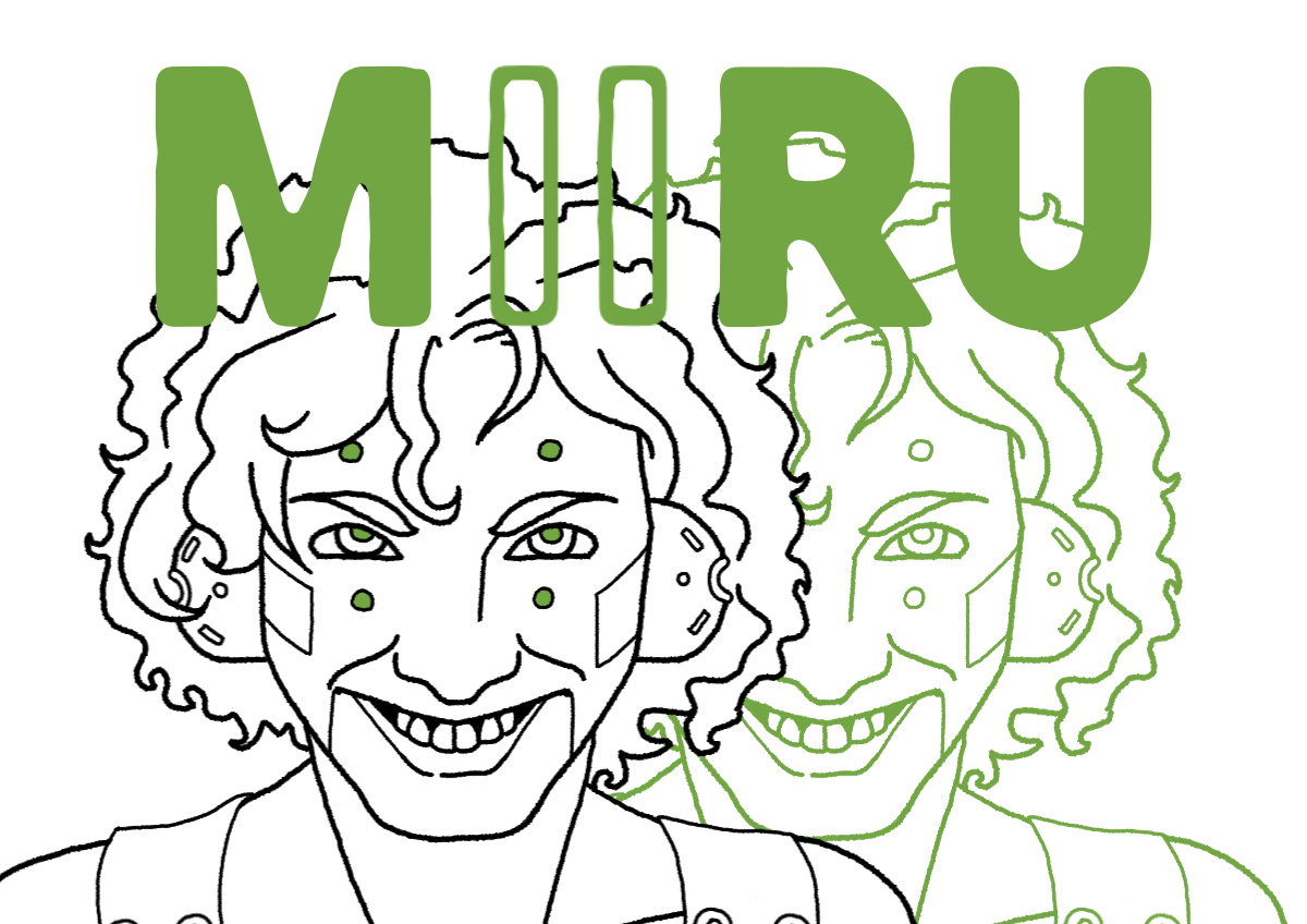 A curly-haired android smiles menacingly. Behind them, a green duplicate looms.