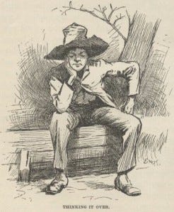 "Thinking It Over" Original Illustration by Edward W. Kemble. http://www.anniecoleman.com/mtrl/huckfinn/huckfinn06.html