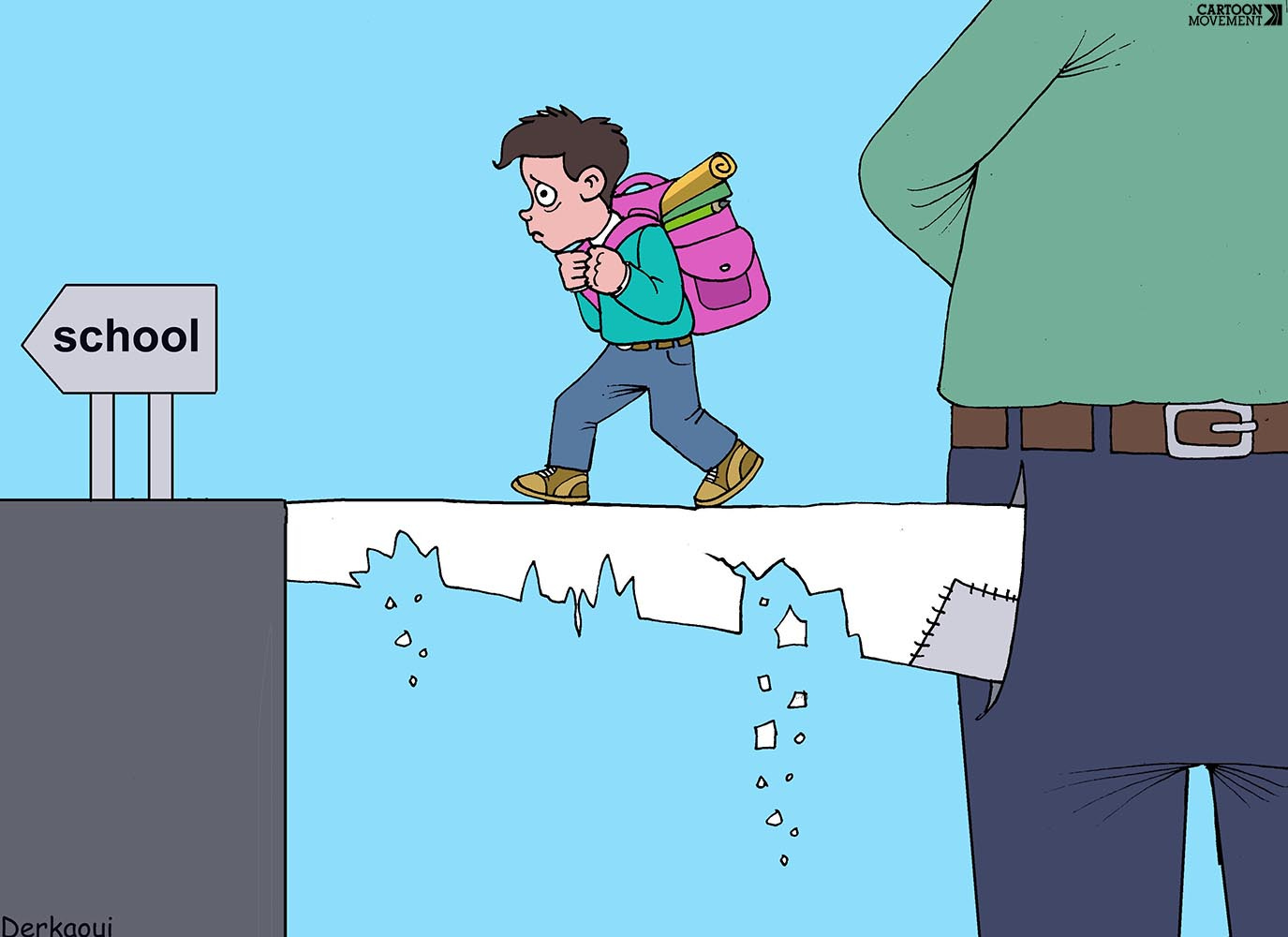 Cartoon showing a student walking to school over a crumbling bridge that is actually the stretched out empty trouser pocket of his parents.