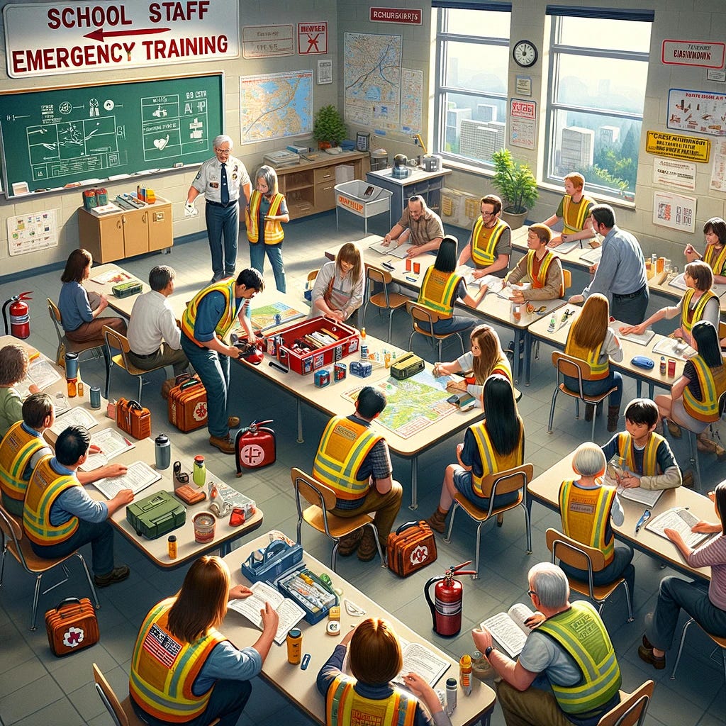 A detailed scene of a school staff emergency training session in a classroom setting. The room is filled with teachers and school administrators gathered around a large table. On the table, there are various emergency training materials such as first aid kits, maps, and communication devices. One of the staff members, wearing a reflective safety vest, is demonstrating how to use a fire extinguisher, while others watch attentively. The walls of the room are adorned with emergency evacuation plans and safety procedure posters. The atmosphere is one of focused learning, with participants taking notes and asking questions. The scene captures a moment of proactive preparation and teamwork among school staff, emphasizing the importance of readiness for any emergency.