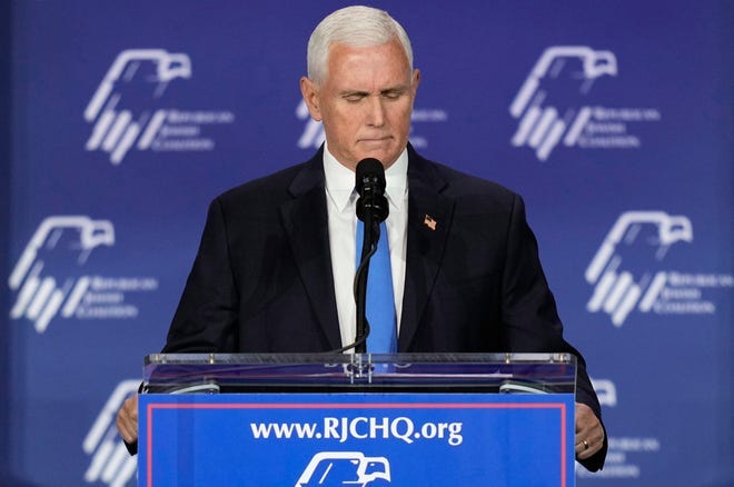 Former Vice President Mike Pence speaks at an annual leadership meeting of the Republican Jewish Coalition, Saturday, Oct. 28, 2023, in Las Vegas. Pence is dropping his bid for the Republican presidential nomination, ending his campaign for the White House. He said in Las Vegas that "after much prayer and deliberation, I have decided to suspend my campaign for president effective today."