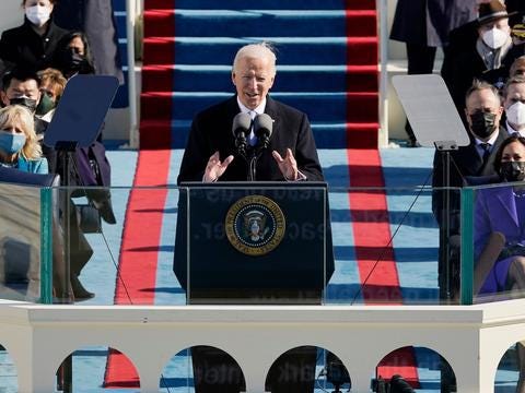 US President Joe Biden delivers his Inauguration speech after being sworn in as the 46th US President on January 20, 2021, at the US Capitol in Washington, DC. (Photo by Patrick Semansky / POOL / AFP)