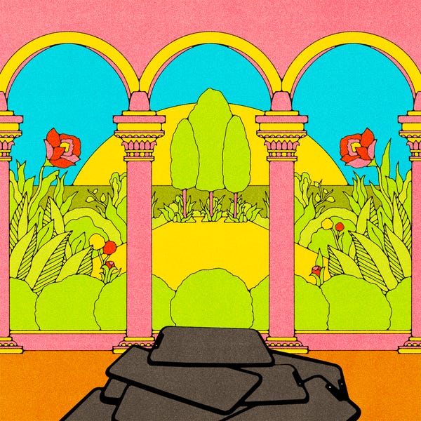 An illustration of a lush green-and-yellow garden shows through four pink-and-yellow columns, with a pile of smartphones in the foreground. 