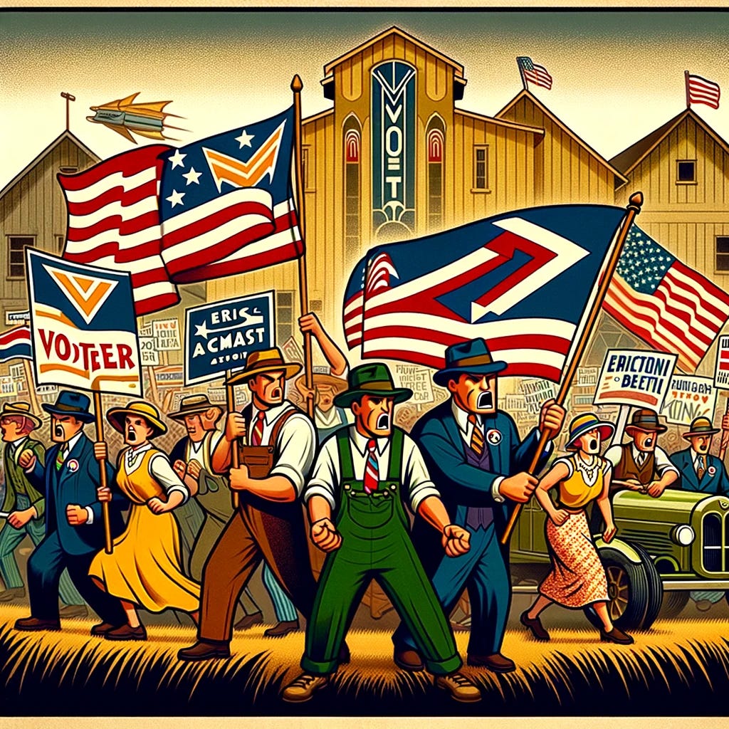 Enhance the previous art-deco inspired illustration to include rural American voters from the 1930s wielding flags and protest signs as they express anger or dissatisfaction. These flags and signs should feature iconic geometric shapes and vibrant colors, embodying the art-deco aesthetic. The voters, in stylized, exaggerated 1930s cartoon fashion, wear period-appropriate rural attire and are more dynamic, with some characters waving flags and others holding signs high. The background retains its rural setting, with simple houses or barns, and vintage agricultural machinery. The scene should emphasize the spirit of protest and collective action, blending humor with the serious undertone of their grievances.