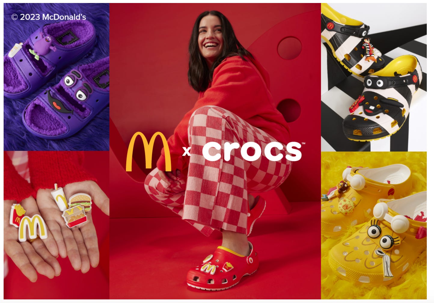 Various McDonald's-themed Crocs, including purple Grimace slides, Hamburglar striped Crocs, and classic red and yellow, with Jibbitz featuring burgers, fries, and shakes