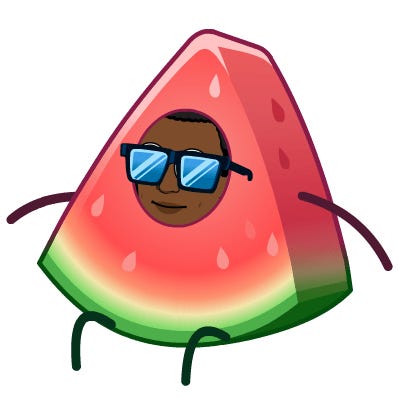 A face wearing sunglasses inside a watermelon slice