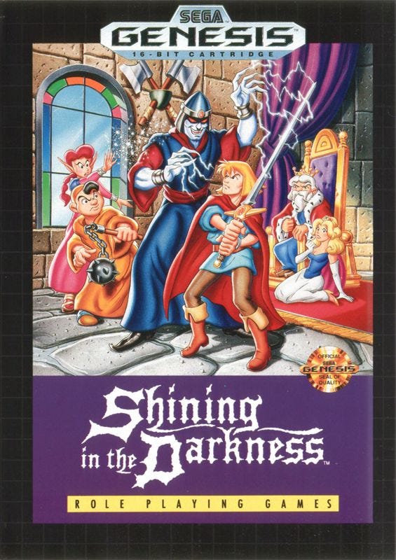 A scan of the box art for Shining in the Darkness, featuring a sword-wielding young protagonist, a shorter man with a flail, and a woman wielding magic surrounding a demon who has entered the throne room. The implication is that the princess, in the background and fallen to the ground, is in danger.