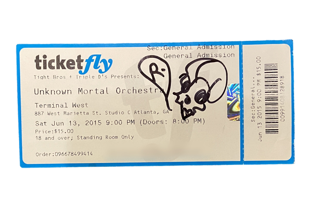 the ticket stub from the second time i saw UMO live. i saw them at Terminal West in Atlanta again on Saturday June 13, 2015 at 9:00PM. i paid $15.00 for an 18 and over show. the ticket has been signed by Ruban Nielson.