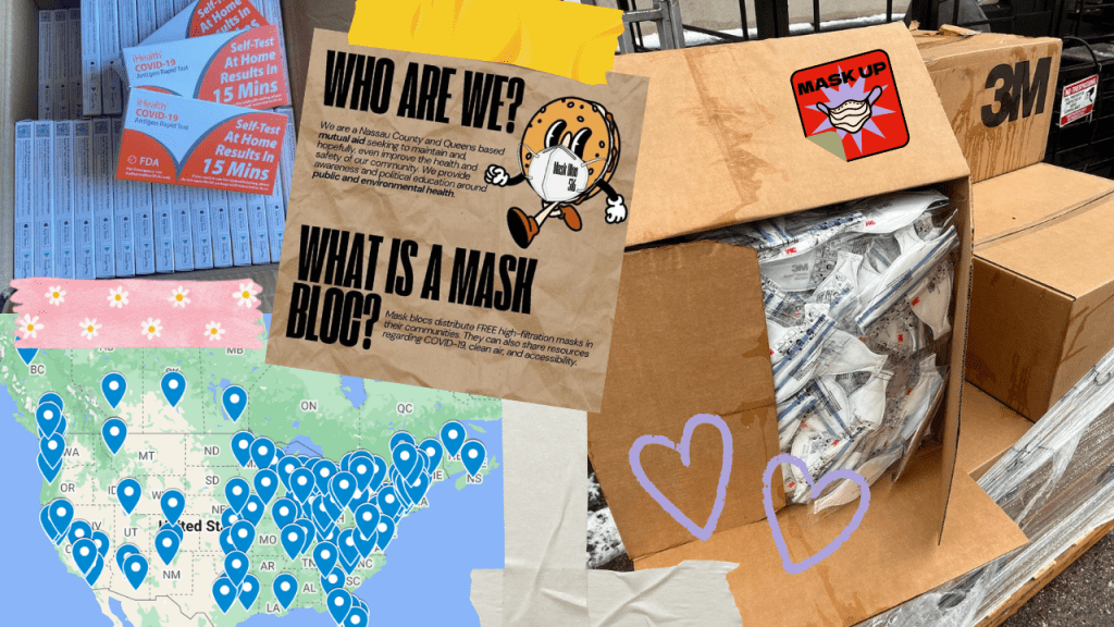 Collage showing a crate of rapid at-home COVID-19 tests, a map of mask bloc locations, a box of 3M N95 respirators, and a flyer from a mask bloc in Nassau County and Queens, New York introducing how mask blocs distribute free high-quality masks in their communities