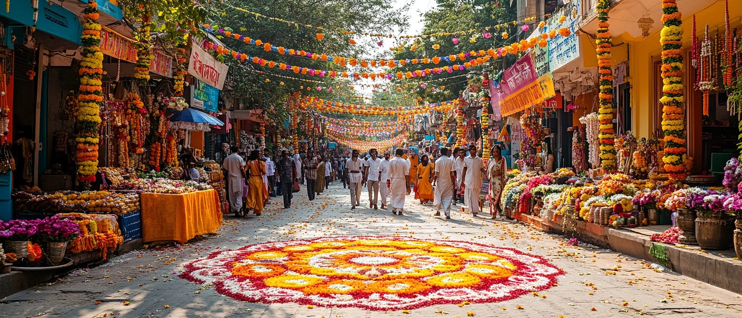 A vibrant street market decorated for a festival, featuring colorful floral garlands hanging overhead and stalls lined with flowers and decorations. A large, intricate floral rangoli design is spread on the ground in the center of the street, while people in traditional attire walk along, creating a lively and festive atmosphere.