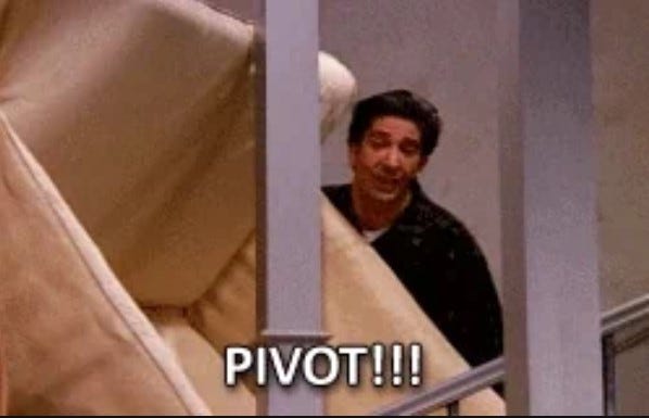 Screenshot of Ross Geller from Friends commanding his buddies to pivot as they attempt to move his sofa through a stairwell