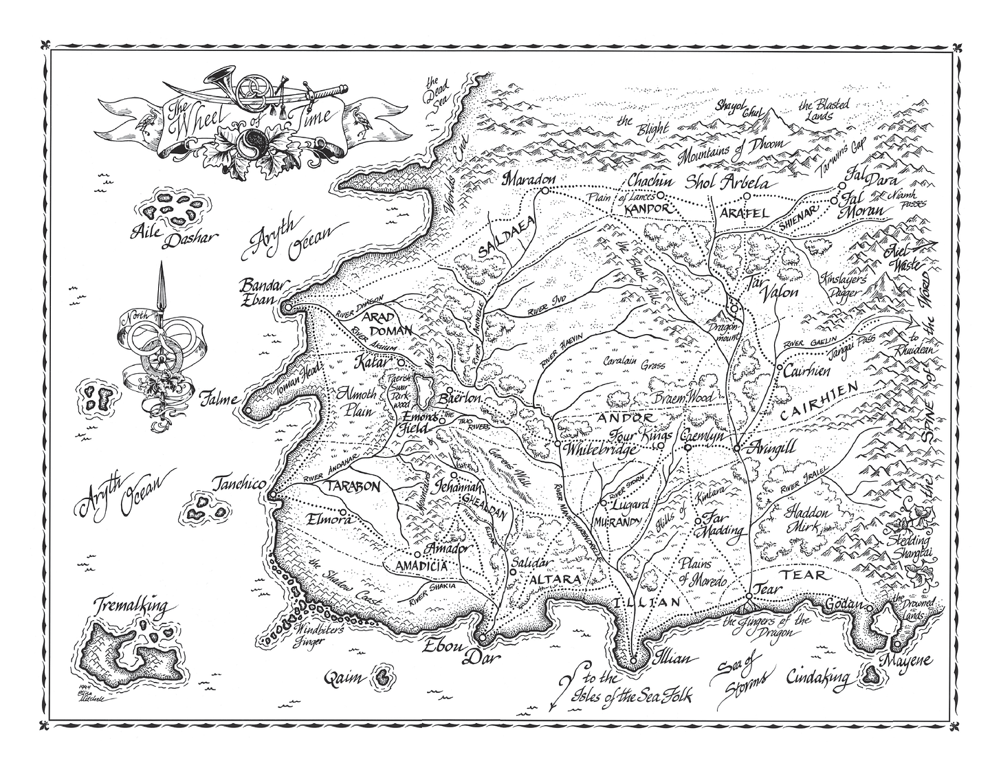 Original map illustration of the world of the Wheel of Time by Elissa Mitchell. Black and white.