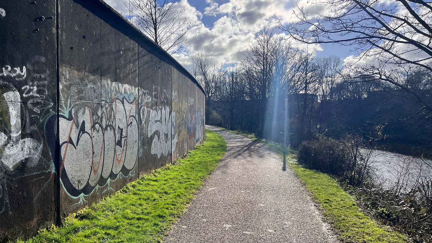 A lot of route was between the Clyde and walls covered in graffiti