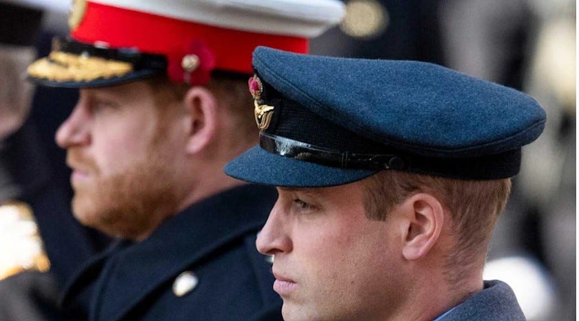 Princes William and Harry in military uniform looking solemn