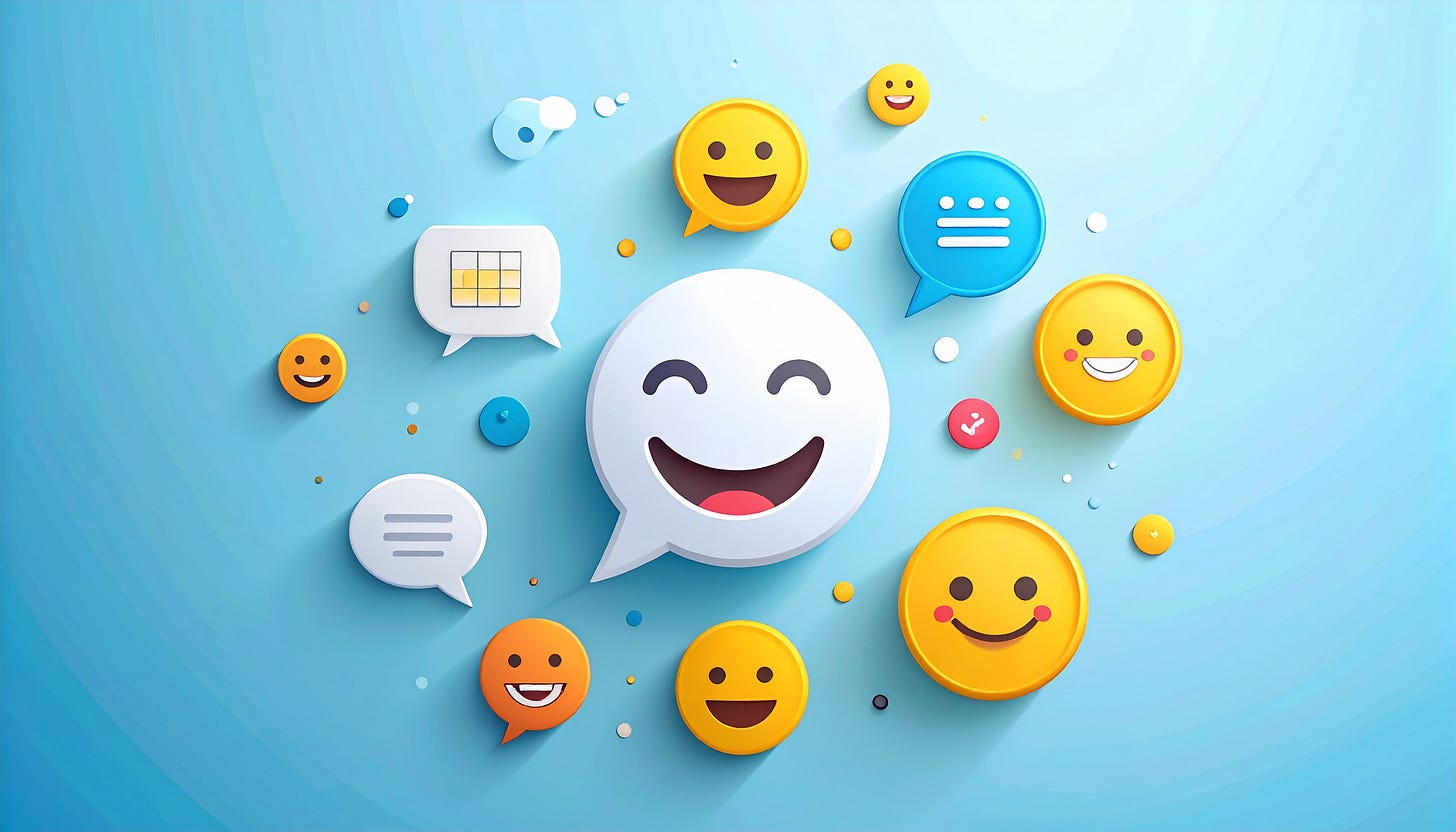 Smiley faces and speech bubbles appear to float on a blue background, suggesting a chat or social media theme
