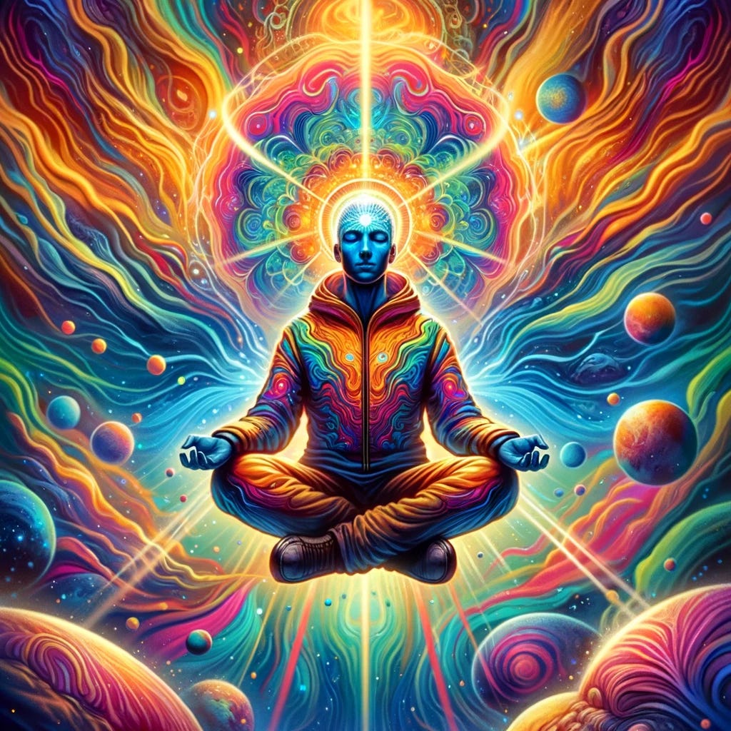 A person meditating in the air with bright light coming out of the back

Description automatically generated