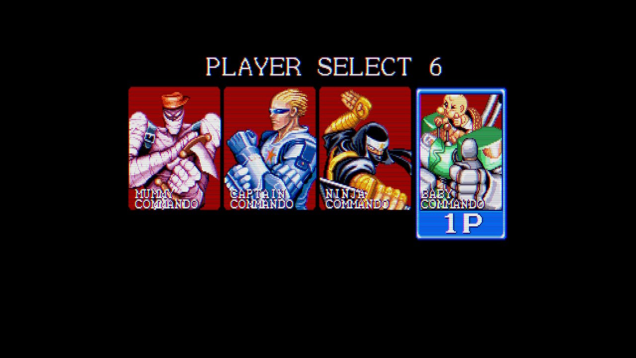 The player select screen that shows, from left to right, the Mummy Commando, Mack the Knife, Captain Commando, Ginzu the ninja, and the Baby commando.