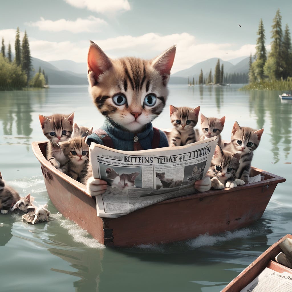 The image depicts a kitten holding and reading a newspaper while on a small boat in a mountain lake. Several other kittens are also in the boat.