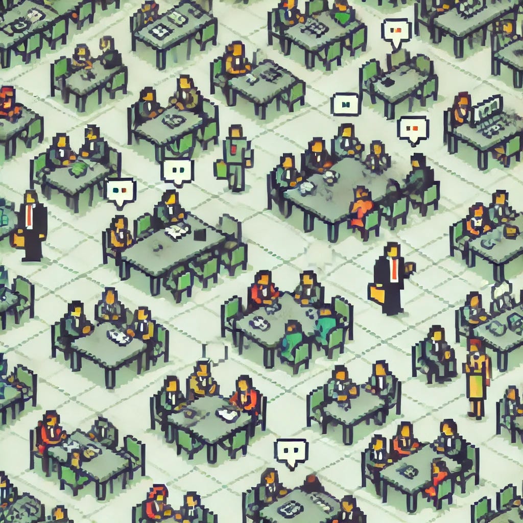 A pixelated scene of a conference in the style of an old Gameboy Color video game. The image shows multiple groups of people having different conversations in various areas of the room. Each group is made of simple, pixelated characters, with their conversations represented by small dialogue boxes or speech bubbles above their heads. The colors are limited to greens, grays, and light colors typical of Gameboy games. The setting should evoke a busy, interactive environment, with distinct groups of people spread throughout, each having their own conversation.