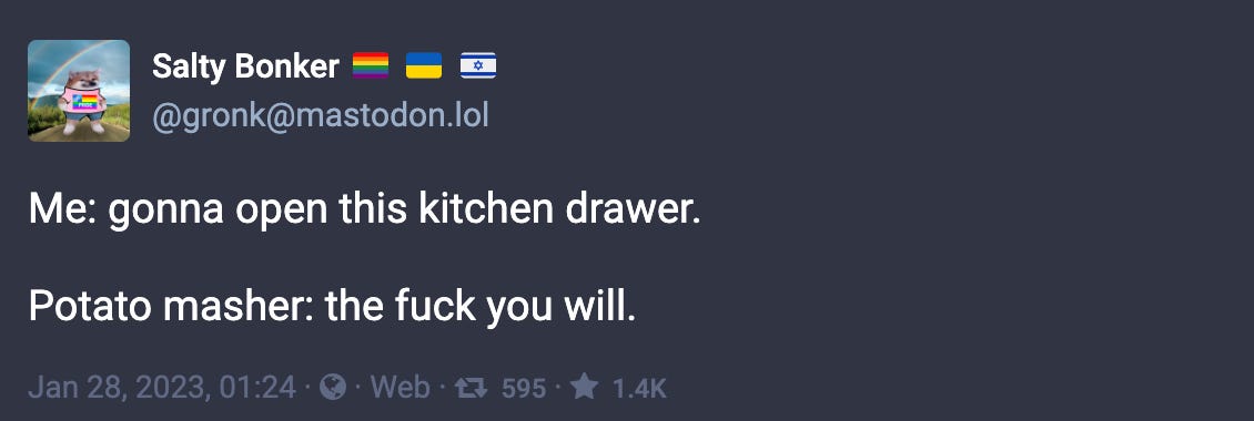 Toot by @gronk@mastodon.lol: “Me: gonna open this kitchen drawer. Potato masher: the fuck you will.”