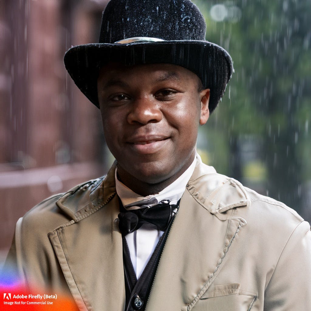 Realistic portrait photo of a young black man wearing period clothing wearing a hat in the rain, smiling at the camera.