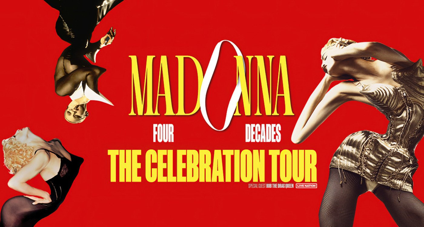 A graphic promoting Madonna's next world tour, featuring three iconic images from her past – Erotica, Express Yourself, and the golden Basque from Blond Ambition