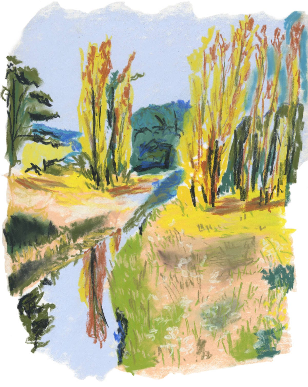 illustration au pastel sec d'un paysage avec arbres et cours d'eau