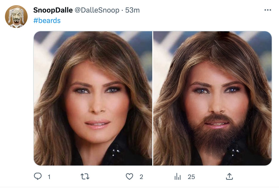 Melania Trump with and without a beard.