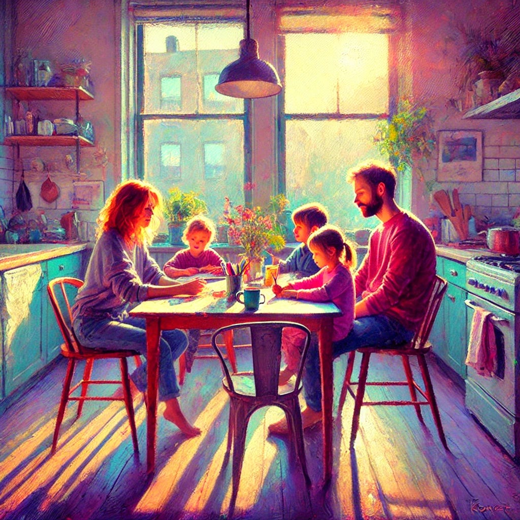 Impressionist-style painting inspired by Monet, with a warm, luminous color palette of purple, coral, and teal. A modern family sits at a kitchen table in a sunlit urban apartment. A mother, father, and two children are each seated in their own chair around the table—no shared chairs or distortions. Everyone wears contemporary casual clothing like jeans, t-shirts, and sweaters. The family is enjoying a peaceful moment together: one child draws with crayons while the other leans toward the mom. The room is cozy and natural light streams in from a large window, with simple homey details like plants, a mug, and books. The overall feeling is warm, grounded, and realistic, with clear individual features for each family member.