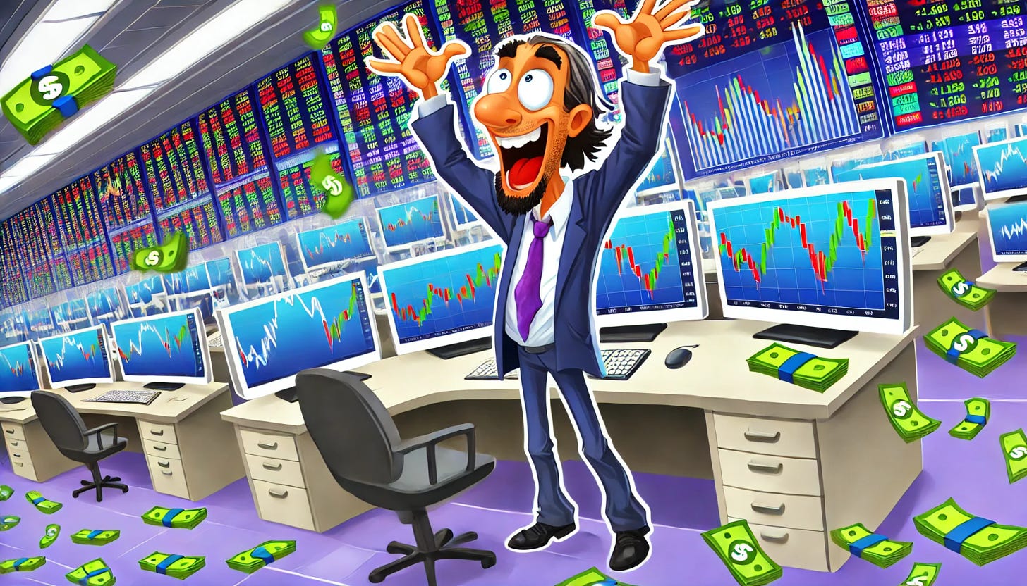 A widescreen illustration of a lively financial trader celebrating a huge risky victory, capturing a fun and lighthearted scene with a serious financial twist. The trader is standing by multiple computer screens displaying vibrant stock charts and profit graphs, hands in the air in a celebratory pose. The background shows a bustling stock market floor filled with charts and dollar signs floating around, giving a sense of intense trading atmosphere. The style is inspired by well-meaning cartoons, with exaggerated but accurate expressions of joy, surprise, and excitement, symbolizing the thrill of high-stakes trading.