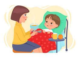 Premium Vector | Mother and sick child. worried mom at ill kid bedside.  parental care and love. woman feeding unhealthy son hot broth. cartoon  unwell character with fever lying in bed. home