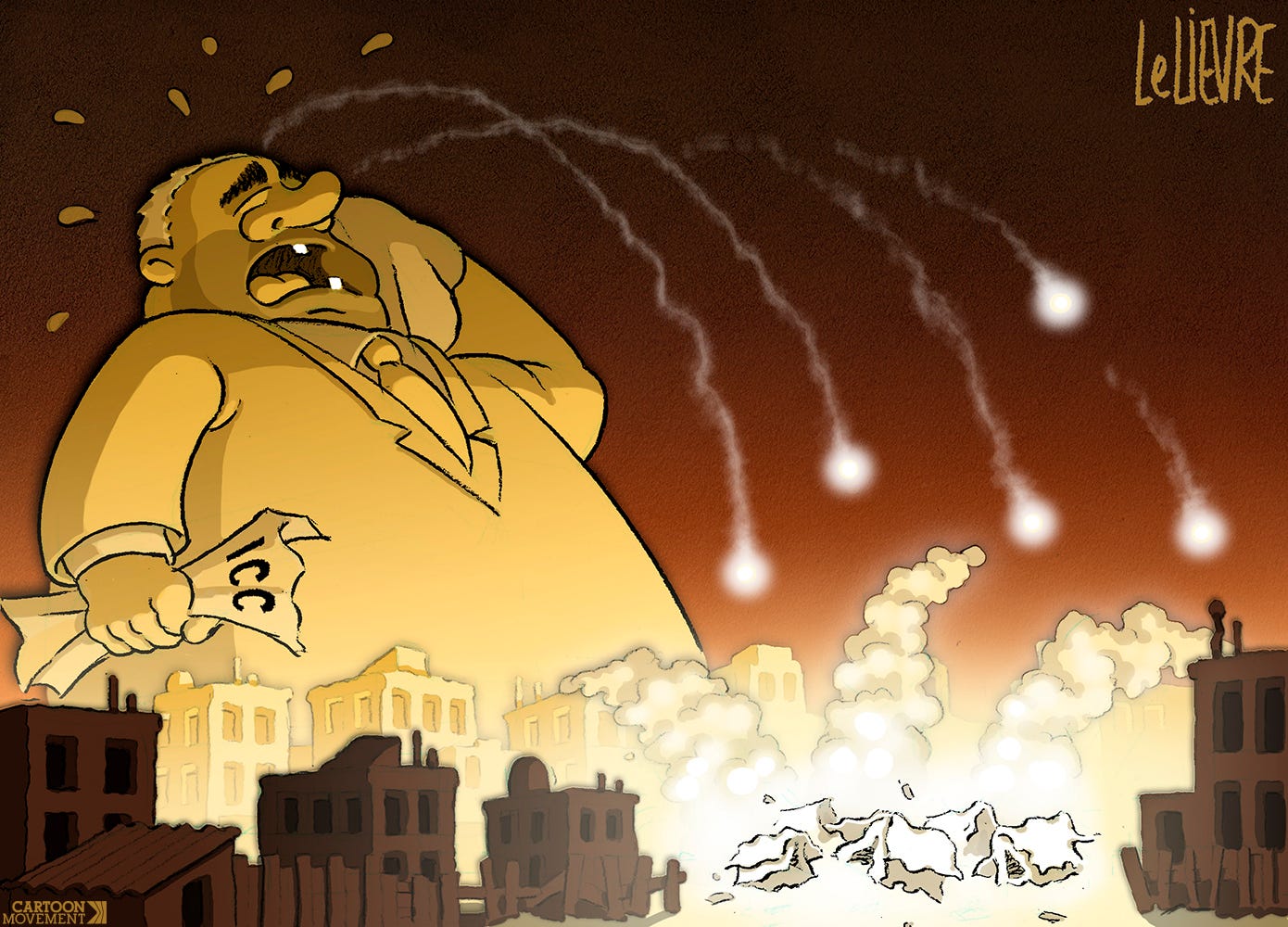 Cartoon showing a giant Netanyahu towering over the ruins of Rafah. He is holding an ICC verdict in his hand while crying uncontrollably. The treats he is shedding turn out to be missiles that are falling on a tent camp below.