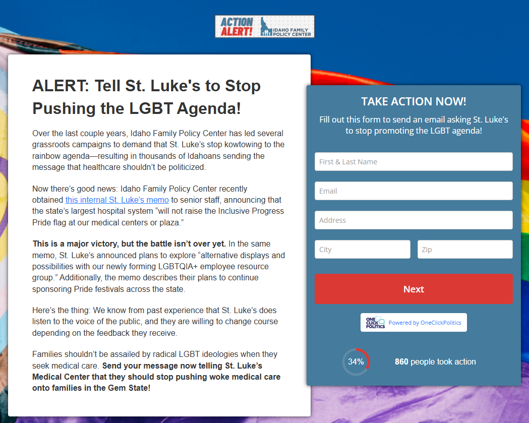 IDAHO FAMILY POLICY CENTER PETITION — ALERT: Tell St. Luke’s to Stop Pushing the LGBT Agenda. By Edward Clark (05/22/25)