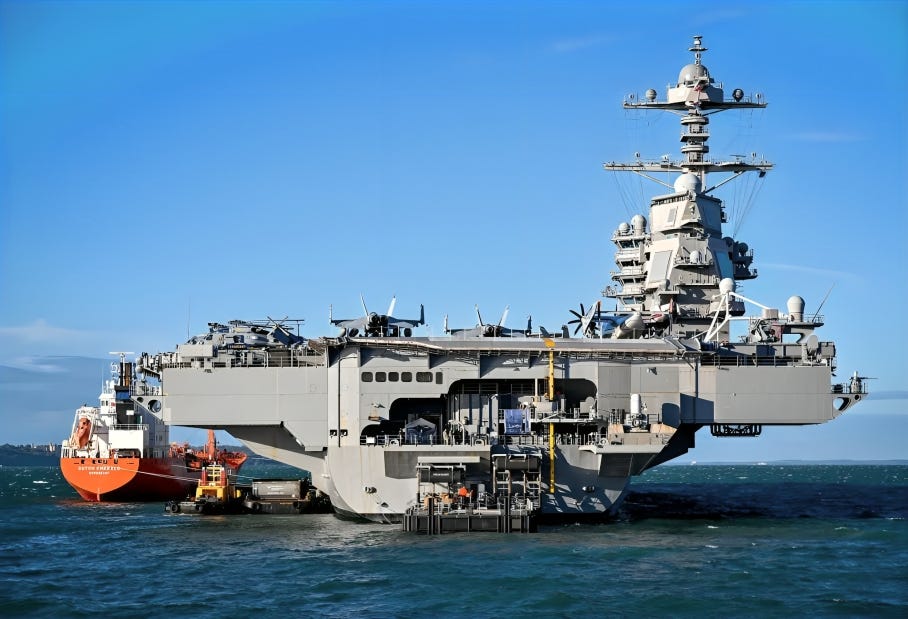 Modern U.S. Navy ship beside a supply ship, emphasizing the logistical challenges.