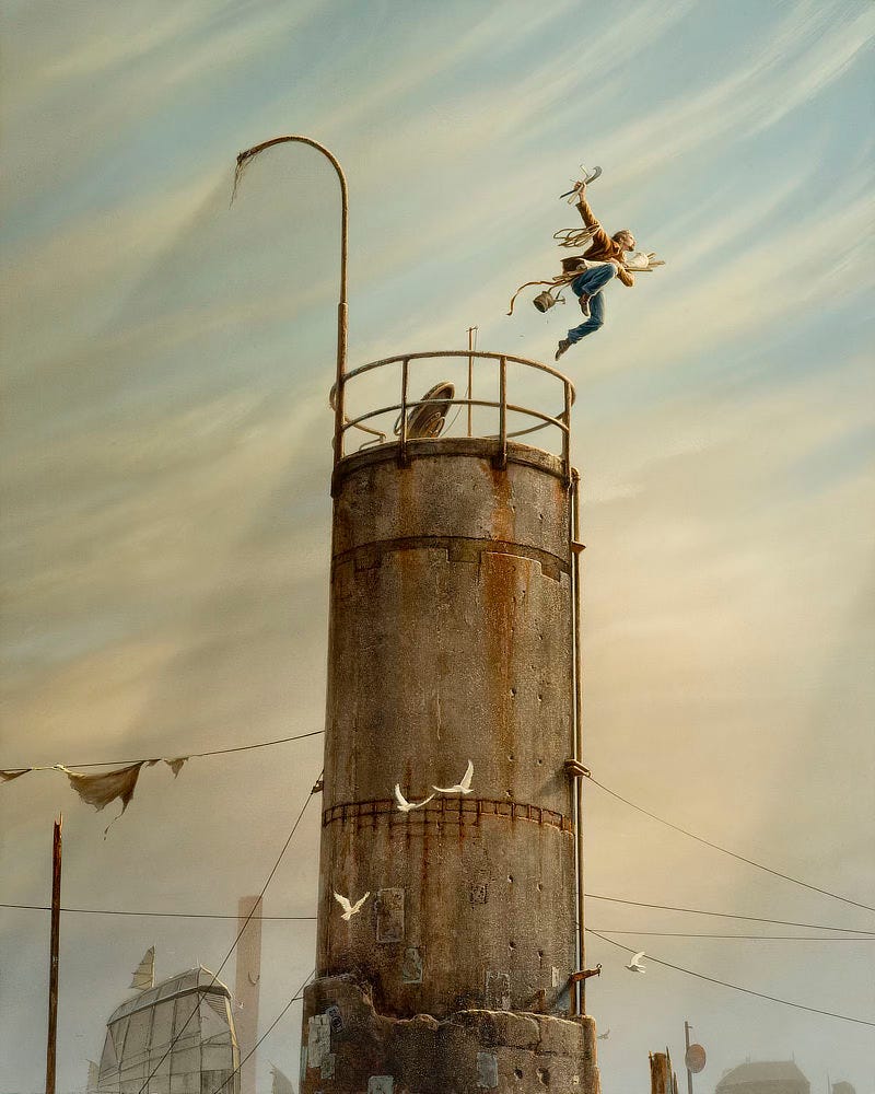 Self portrait of the artist in a daring leap off the top of a weathered concrete tower. In one hand, he grips a pencil, L-square and French curve. A coil of rope is looped at his elbow. In the opposite arm he awkwardly clutches a bundle of wood wrapped in canvas as he kicks off the railing into open air. Carried behind on loose straps, a satchel with a hammer half falling out leaves a trail of stray nails with his sudden motion. Below, wires attach to the tower at points leading off to other unseen structures. Rust streaks down from the guard rails at the top. Partway up the tower rebar is exposed and the wider base is cracking and worn down. A trio of doves glide past faded bills posted on the rounded, grimy wall.