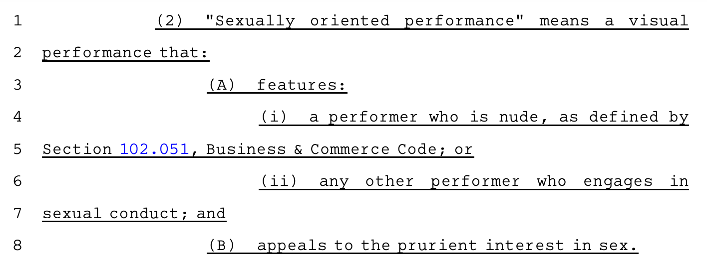 (2)AA"Sexually oriented performance" means a visual performance that: (A)AAfeatures: (i)AAa performer who is nude, as defined by Section 102.051, Business & Commerce Code; or (ii)AAany other performer who engages in sexual conduct; and (B)AAappeals to the prurient interest in sex.