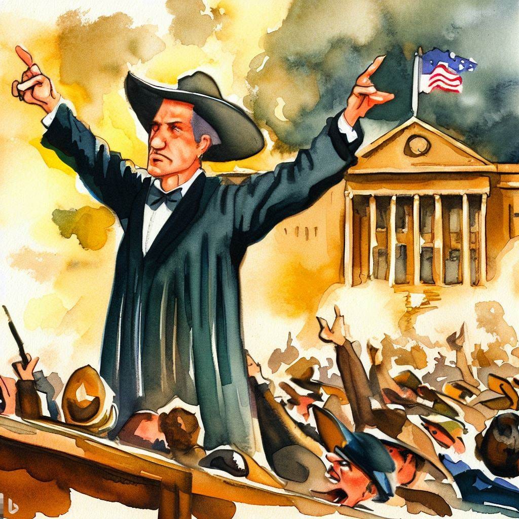 Un juez dicta sentencia delante de una multitud, caricatura