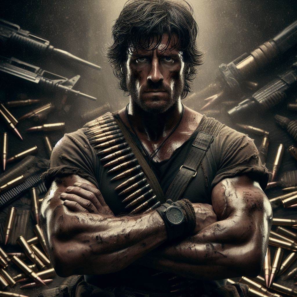 Rambo with crossed ammo belts, intense and determined expression, worn and rugged ammo belts, dirt and grime on clothing, spent bullet cases around him