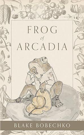 frog of arcadia cover, a toad sitting on a rock, thinking and holding his hat in his hand
