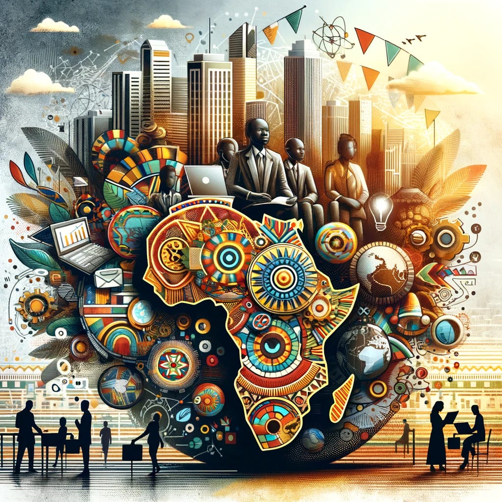 A conceptual and creative representation of an African startup fund named 'Timbuktoo.' The image should feature a blend of traditional African elements and modern, entrepreneurial symbols. It could include stylized figures engaged in business activities, technology devices like laptops or smartphones, and African cultural motifs. The background can show a vibrant cityscape merged with African landscapes, symbolizing the fusion of tradition and modernity. The overall feel should be dynamic and innovative, highlighting the startup's focus on fostering growth and development in Africa.