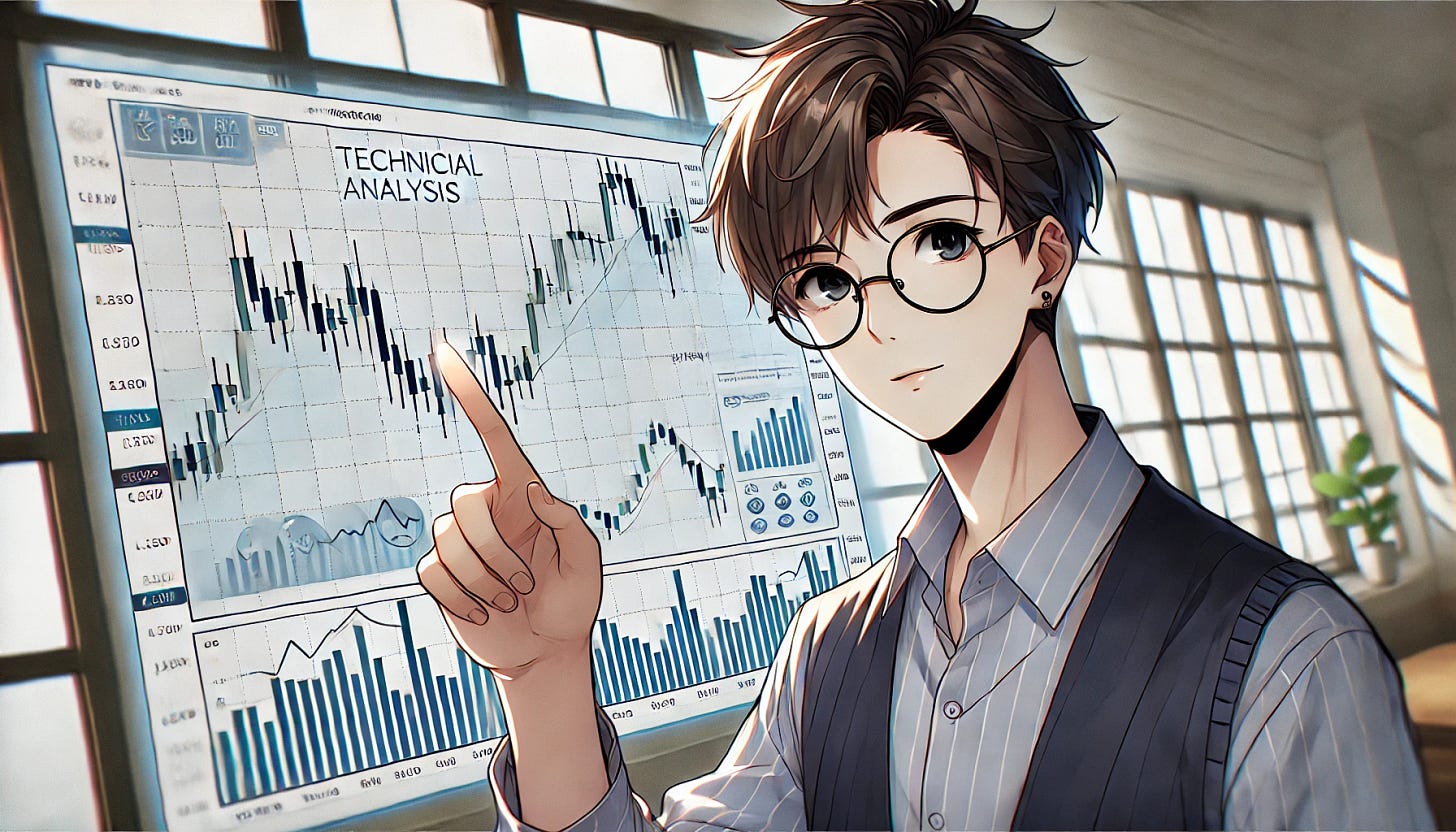 An anime-style character of a 33-year-old Asian male with short, neat hair and glasses, confidently doing technical analysis on a chart. He is pointing or interacting with a large financial chart on a screen, which shows candlestick patterns, moving averages, and indicators. The character is dressed in smart casual attire, with a focused expression, analyzing the stock or financial market data. The setting is a modern office or classroom, with a subtle financial theme in the background, maintaining the anime aesthetic. Image should be in wide cover page size.