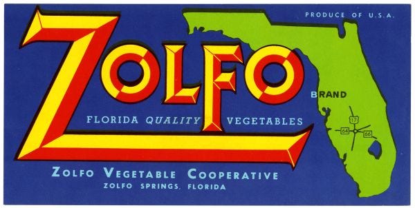 Drawing of state of Florida with Zolfo vegetable logo in orange and yellow.