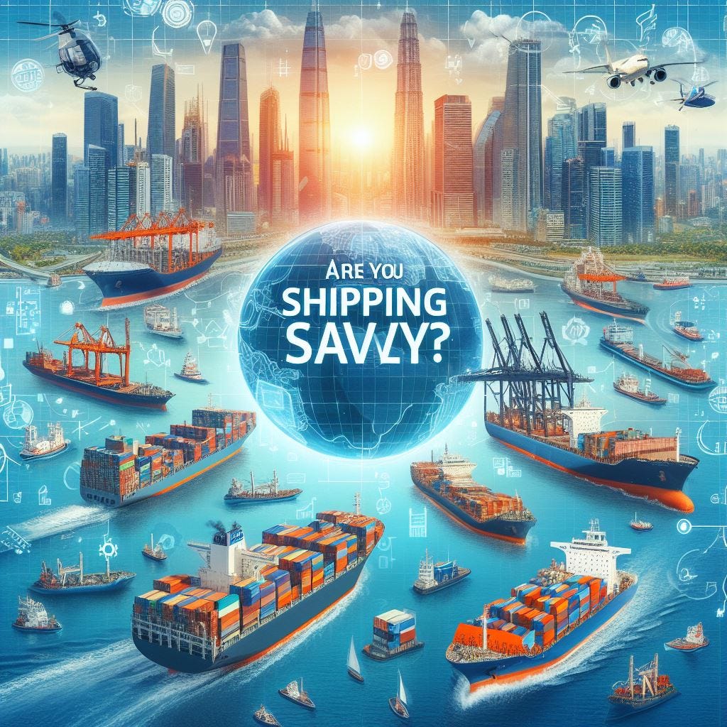 A collage of different container ships and ports with the title 'Are You Shipping Savvy?'