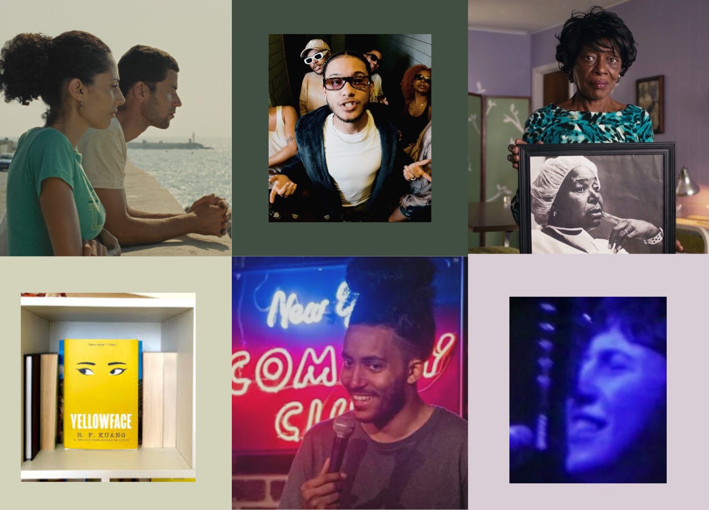 Grid that shows still from SALT OF THIS SEA, GioFromTheBlock music video for "Who But Me",  short documentary BONE BLACK,  Yellowface novel, and clip from live performance of Wednesday's Bull Believer