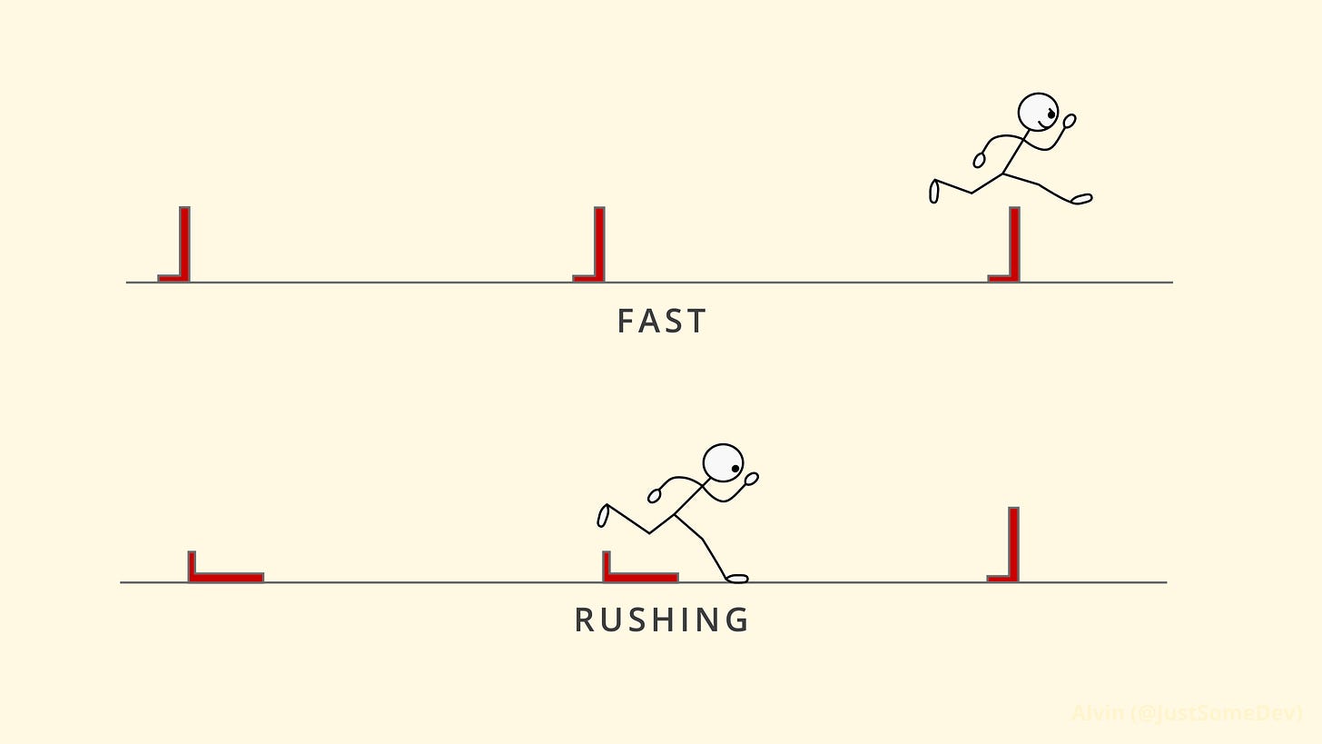 Two people are in a hurdle race. The fast one is clearing each hurdle and is ahead of the slower one who's knocking down all the hurdles because they're rushing.